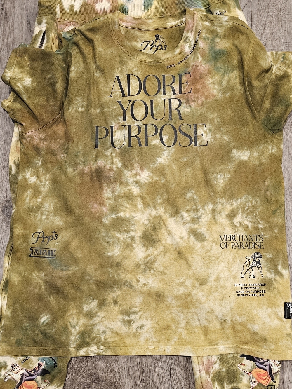 PRPS 'Adore Your Purpose' Tie-Dye Tee - Olive & Cream Set